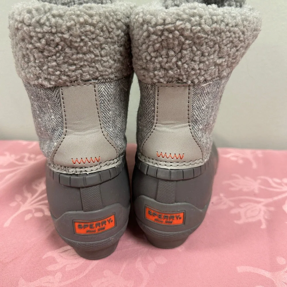 Sperry Saltwater Grey Herringbone Wool Faux Fur Duck Boots STS87696 Womens 7‎